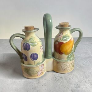 HOME Brand China Fruit Grove Cruet Set (Oil & Vinegar) w/ Cork Stoppers & Caddy